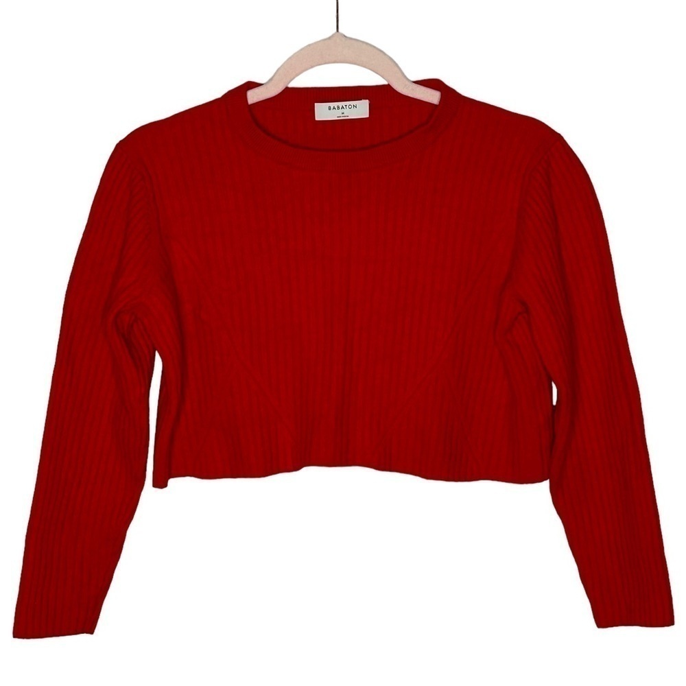 Babaton Red Wool Linen Blend Ribbed Cropped Sweater